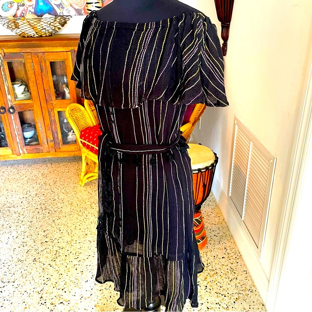 MICHAEL STARS Black Cotton Gauze Stripe Dress! Ruffle and Tassels! Like New! Sm